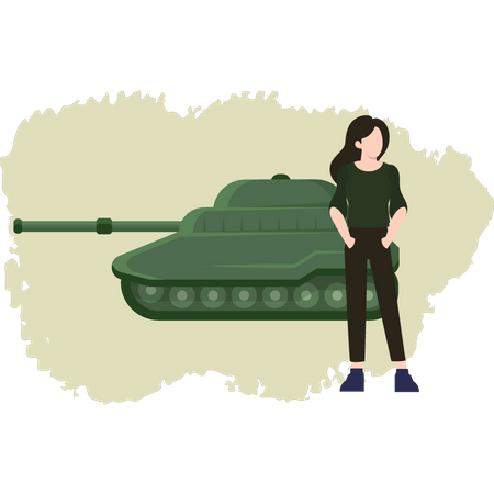 Young Girl Standing With Military Tank  일러스트레이션