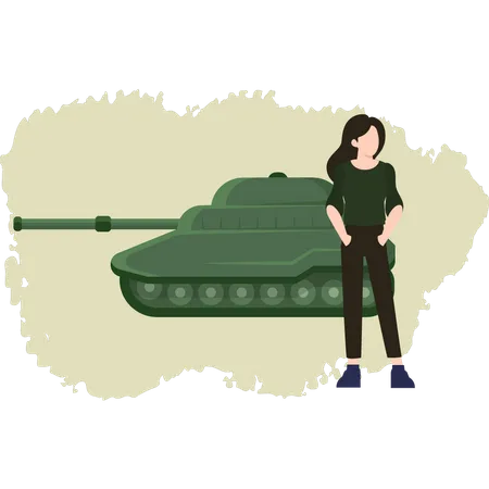 Young Girl Standing With Military Tank  일러스트레이션