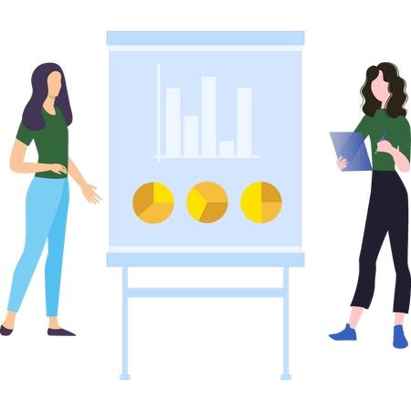 Young Girls are standing next to a graph chart board  イラスト