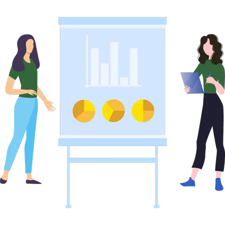 Young Girls are standing next to a graph chart board  イラスト