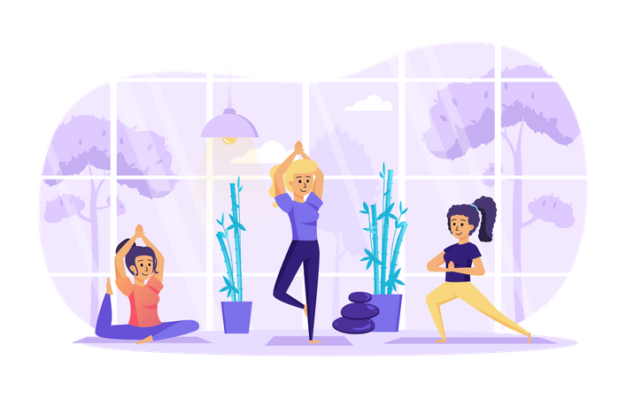 Young girls do balance and flexibility exercises in class  Illustration