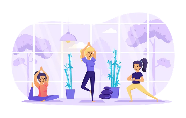 Young girls do balance and flexibility exercises in class  Illustration