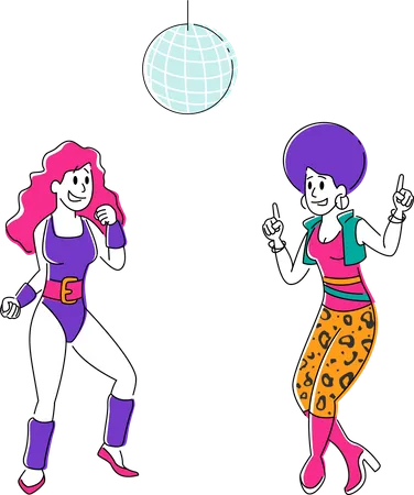 Young Girls in Retro Suits Visiting Night Club Dancing Disco Dance under Stroboscope Lighting  Illustration