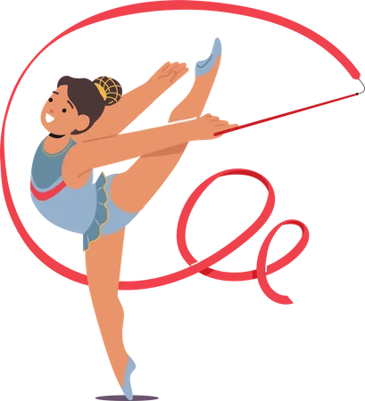 Young Gymnast Child Girl Gracefully Twirls With Ribbon  Illustration