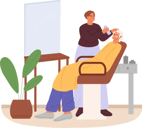 Young hairdresser shaving beard to old man  Illustration