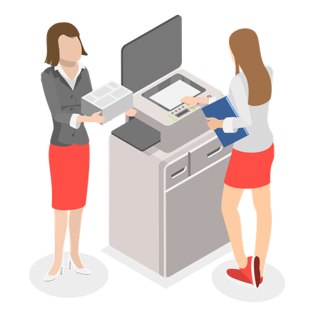 Young lady doing paperwork with printer  イラスト