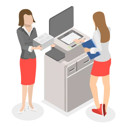 Young lady doing paperwork with printer  イラスト