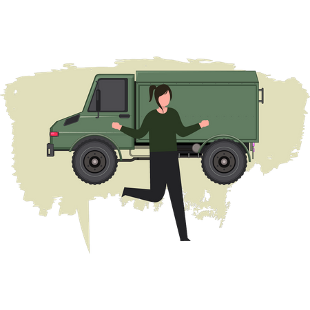 Young Lady Standing Newly Army Truck  Illustration