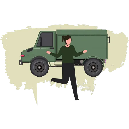 Young Lady Standing Newly Army Truck  Illustration