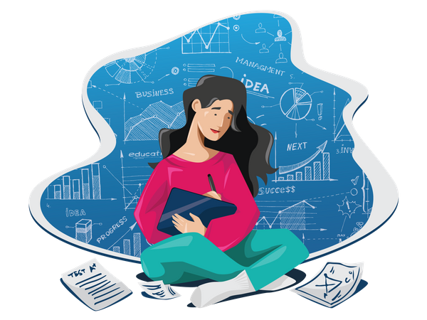 Young lady writing business blog with research in digital pad  Illustration