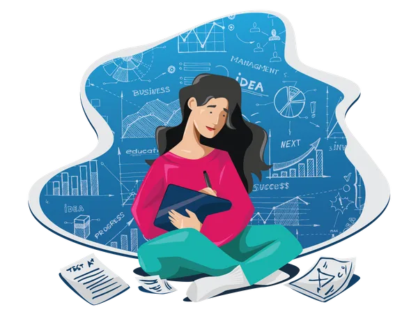 Young lady writing business blog with research in digital pad  Illustration