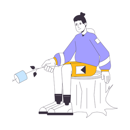 Young male hiker holding marshmallow stick  Illustration