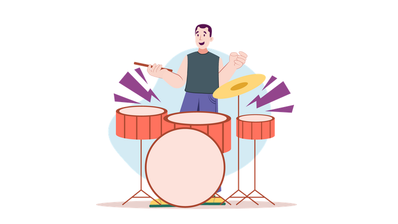 Young male playing drum with drum system  イラスト