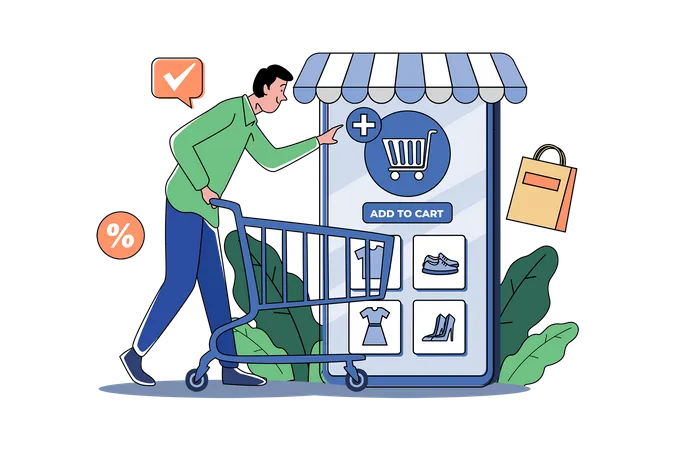 Young Man Adding Item To Cart  Illustration