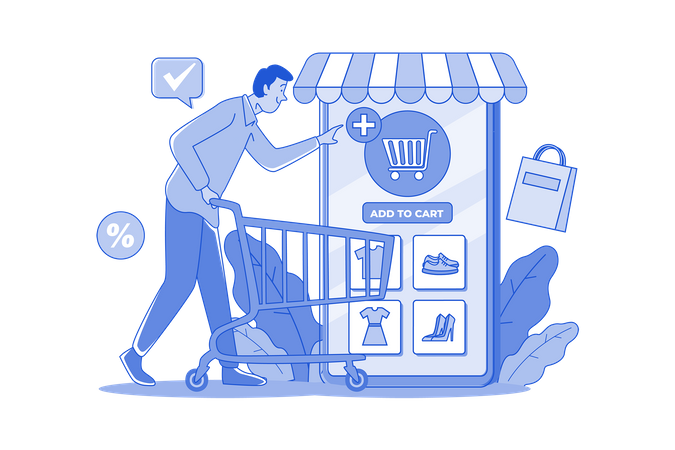 Young Man Adding Item To Cart  Illustration