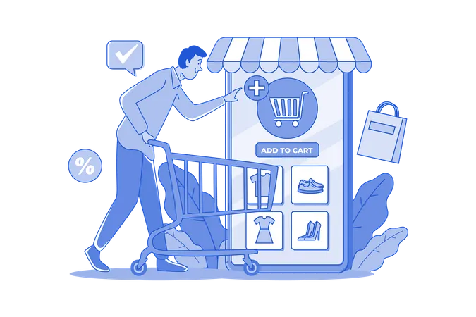 Young Man Adding Item To Cart  Illustration