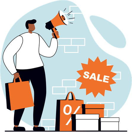 Young man announcing shopping sale  Illustration