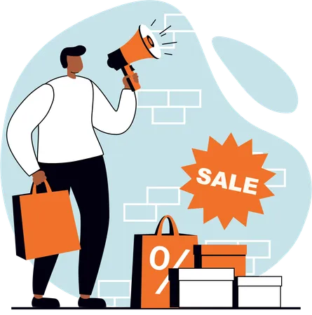 Young man announcing shopping sale  Illustration