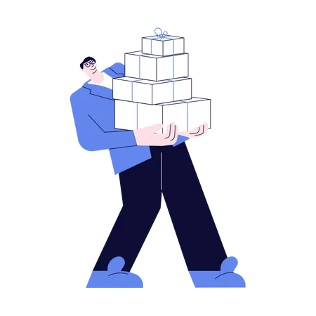 Young man carrying a huge stack of gifts  일러스트레이션