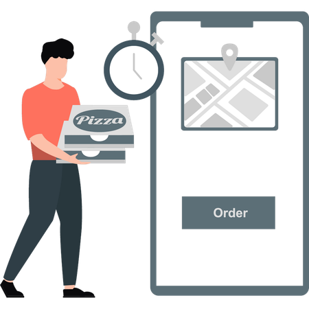 Young man deliver pizza to order location  Illustration