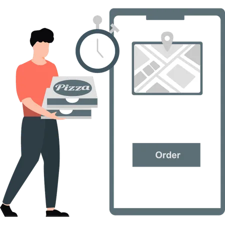 Young man deliver pizza to order location  Illustration