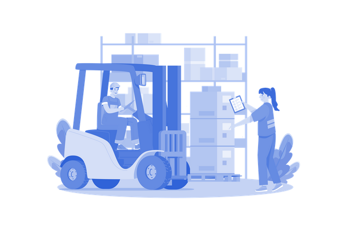 Young Man Drive Forklift Lifting Weight And Girl Checking Delivery Order List  Illustration