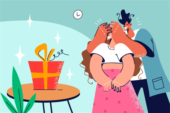 Young man giving surprise gift to his girl friend  Illustration