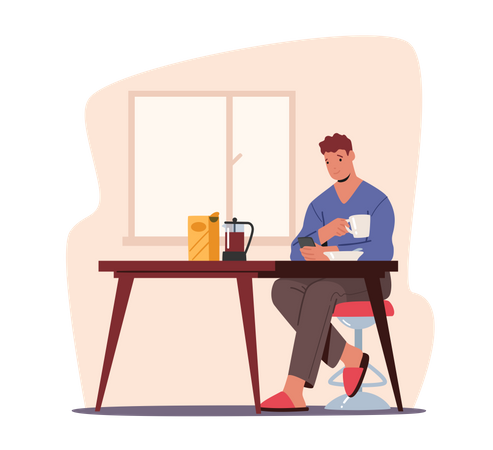 Young Man Having Breakfast with Smartphone in Hands Write Message  Illustration