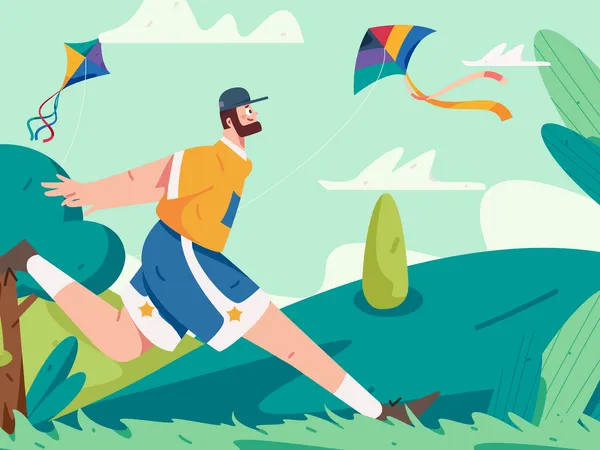 Young man running in park on kite flying day  Illustration