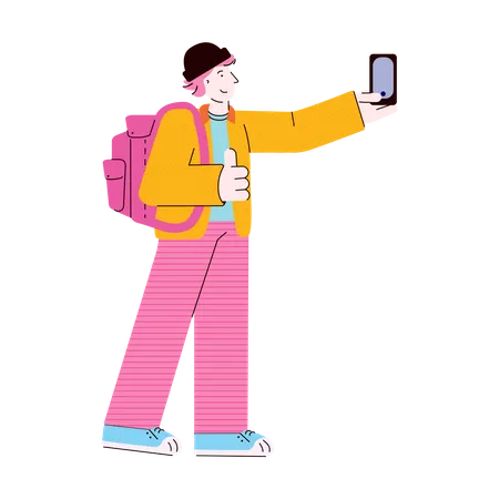 Young man taking selfie  イラスト