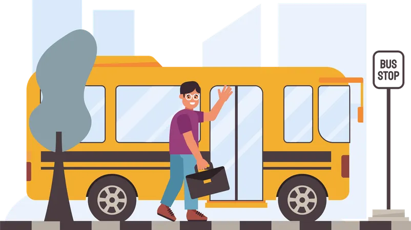 Young Man Will Board Bus  Illustration