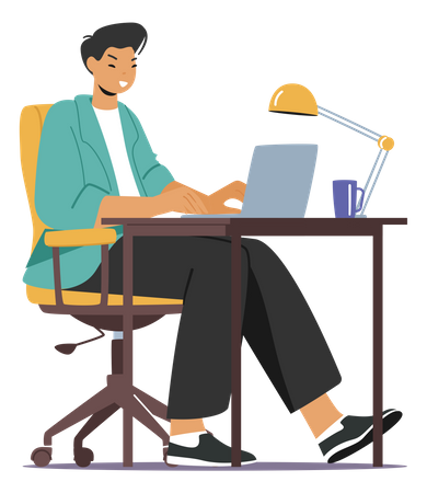 Young man working on laptop while sitting on desk  Illustration