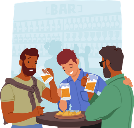 Young Men Friends Enjoy Socializing And Bonding Over Beers and Snacks In A Lively Bar Setting  Illustration