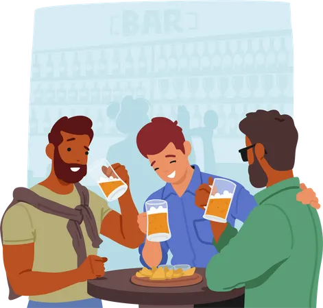 Young Men Friends Enjoy Socializing And Bonding Over Beers and Snacks In A Lively Bar Setting  Illustration