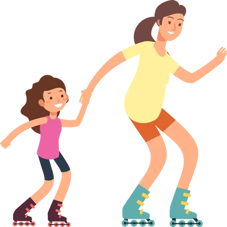 Young mother doing skating with her daughter  Illustration