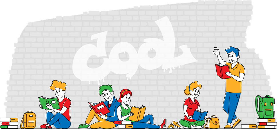 Young People with Books Studying Together Outdoors on Brick Wall Background. Students Characters Collective Learning or Examination Preparation, Courses Education. Linear People Vector Illustration  Illustration