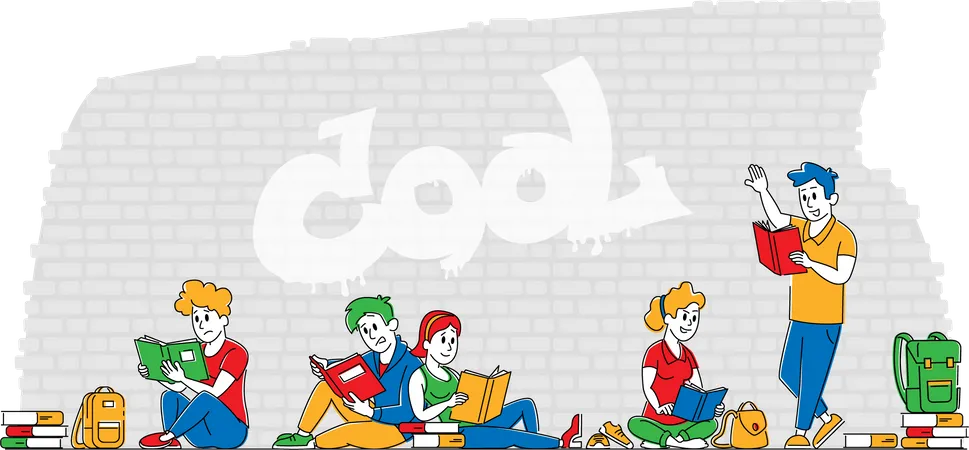 Young People with Books Studying Together Outdoors on Brick Wall Background. Students Characters Collective Learning or Examination Preparation, Courses Education. Linear People Vector Illustration  Illustration