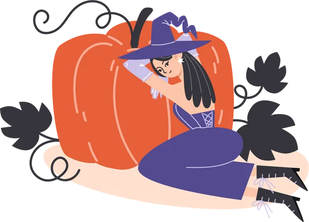 Young witch sitting on floor and hugging large pumpkin  Illustration