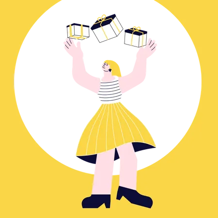 Young woman carrying a huge stack of gifts  Illustration