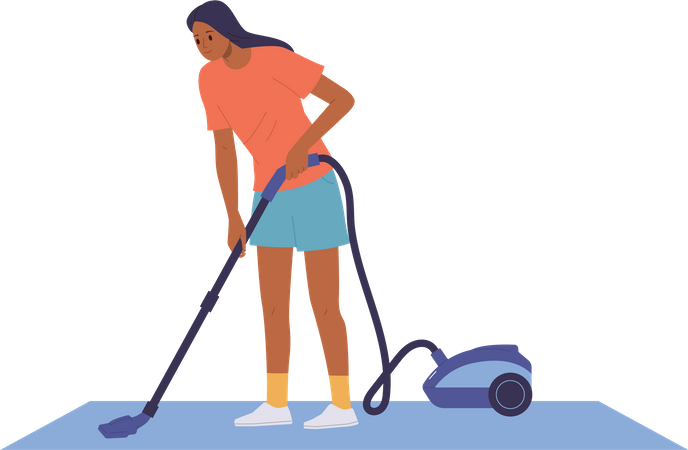 Young woman cleaning home floor with vacuum cleaner machine doing household  Illustration