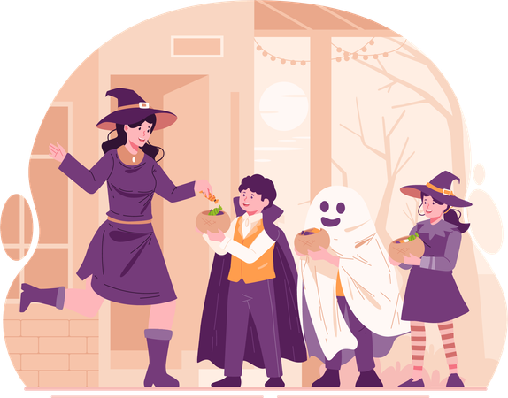 Young Woman Dressed as Witch Hands Out Candy to Children Dressed in Halloween Costumes  イラスト