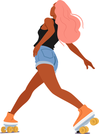 Young Woman Gracefully Glide On Roller Skates  イラスト