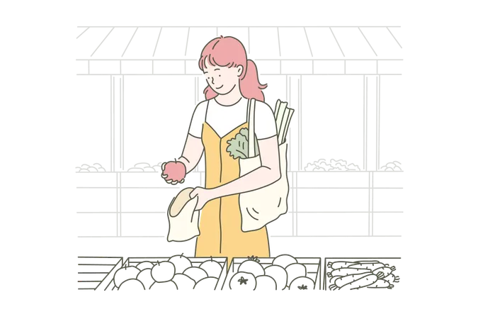 Young woman puts food in bags  Illustration