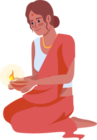 Young woman with oil lamp on Diwali  Illustration