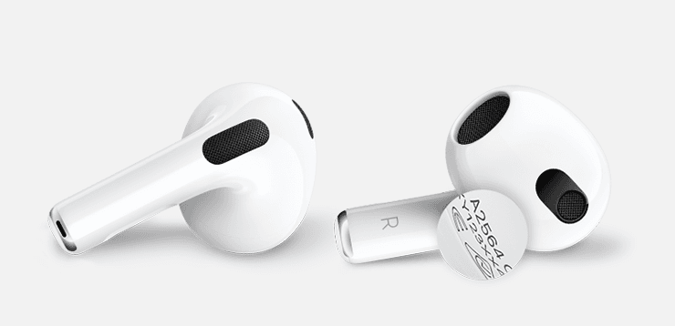 Locatie van het modelnummer op AirPods 3. Het modelnummer staat op de onderkant van ieder AirPods-oordopje.