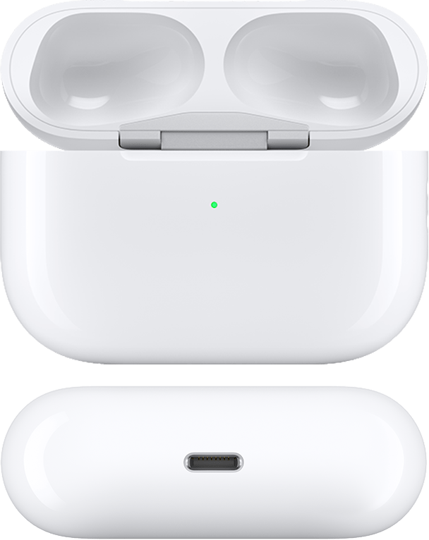 MagSafe-oplaadcase voor AirPods Pro 1 met de klep open en zonder AirPods, vanaf de voor- en onderkant gezien. De onderkant van de case heeft een Lightning-poort voor opladen en geen luidsprekers.