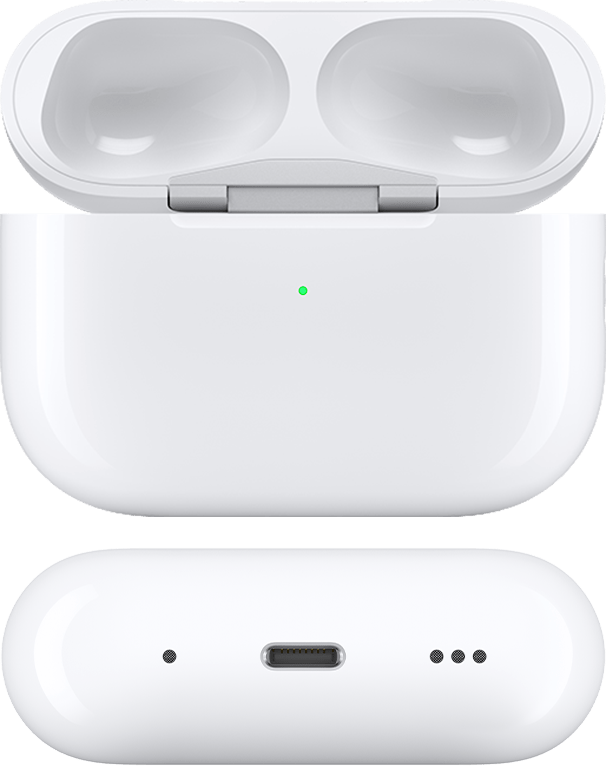 MagSafe-oplaadcase (Lightning) voor AirPods Pro 2 met de klep open en zonder AirPods, vanaf de voor- en onderkant gezien.