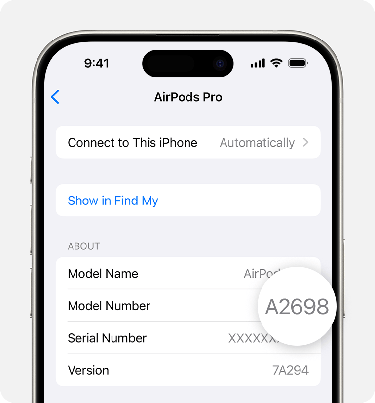 AirPods Pro model number, A2698, listed in Settings on iPhone.