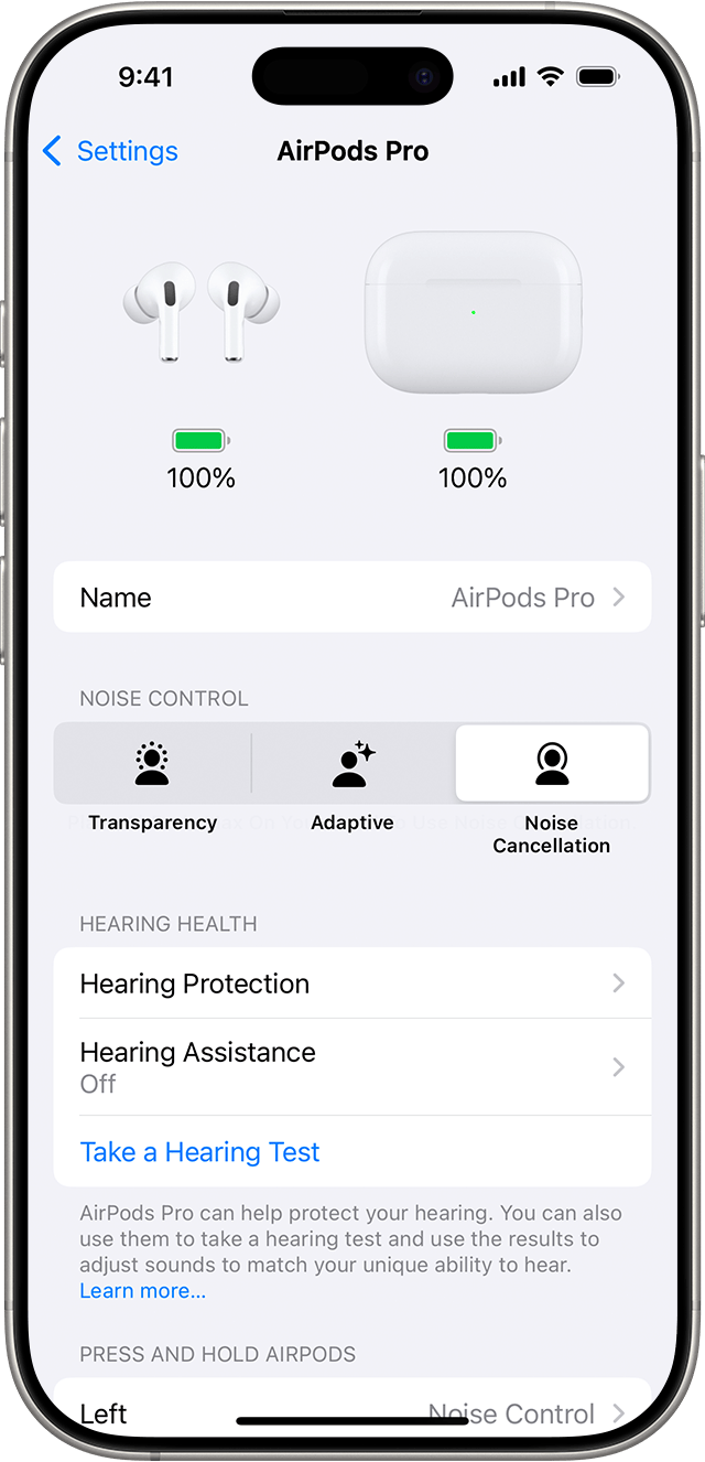 AirPods Pro 2 settings on iPhone. Hearing Health options, including a button to begin a hearing test, are listed after the Noise Control options.