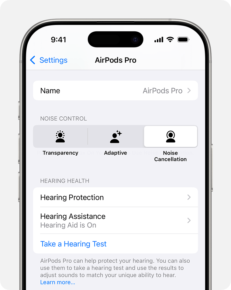 Assistenza uditiva in Salute dell'udito nelle impostazioni di AirPods su iPhone.